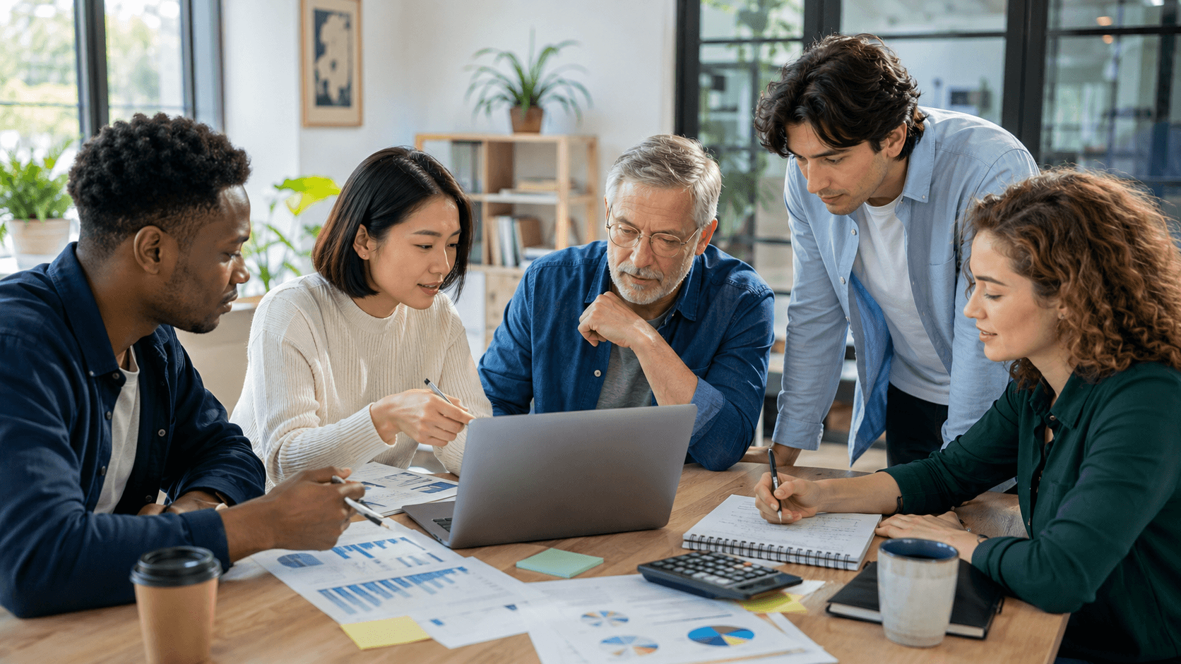 Équipe en réunion autour d’un projet de business plan et de documents de travail