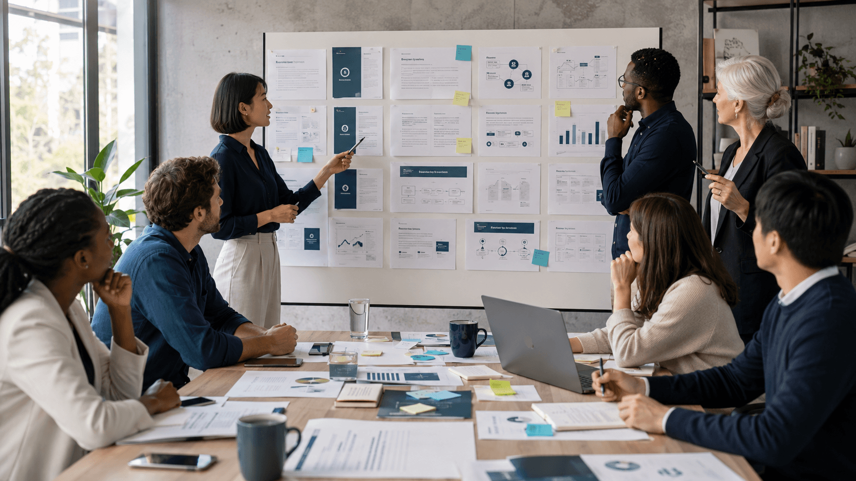 Présentation structurée de documents de business plan lors d’une réunion